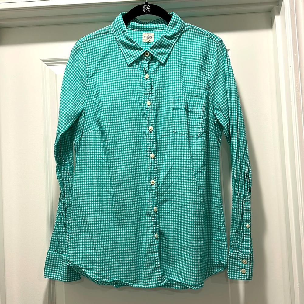J Crew green gingham button down shirt